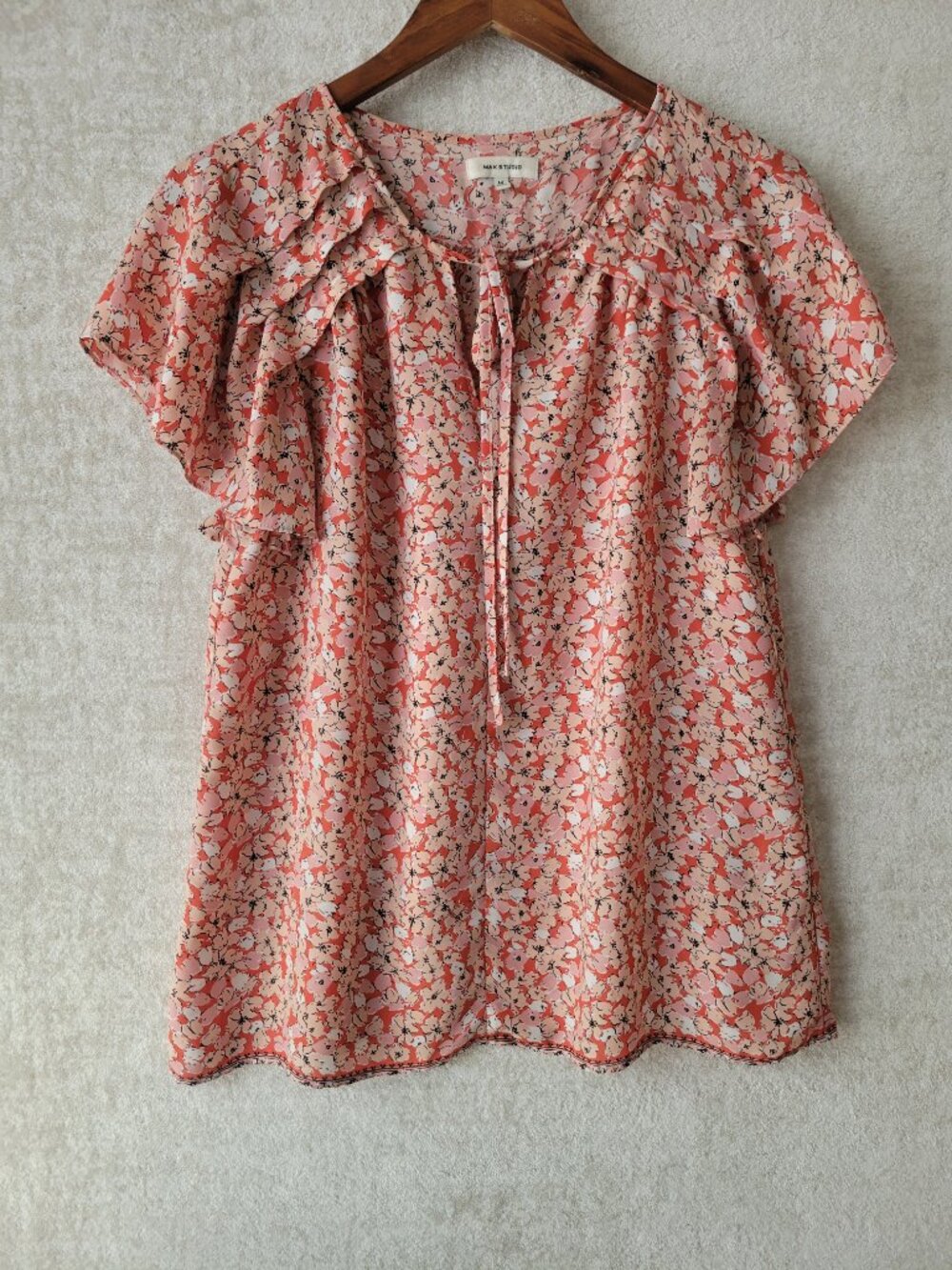 Max Studio Floral Flutter Sleeve Blouse Med Womens Pink Beige Feminine Cottage